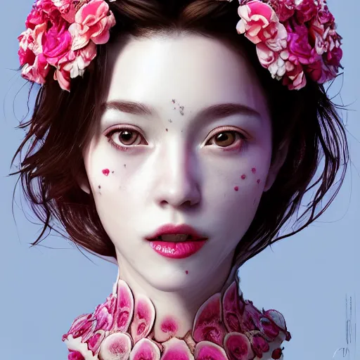 Prompt: the face of absurdly beautiful, graceful, elegant, sophisticated, sensual mature gravure idol made of strawberries and white pink petals with tears, an ultrafine hyperrealistic photograph by kim jung gi, irakli nadar, intricate linework, bright colors, octopath traveler, final fantasy, unreal engine highly rendered, global illumination, radiant light, intricate environment