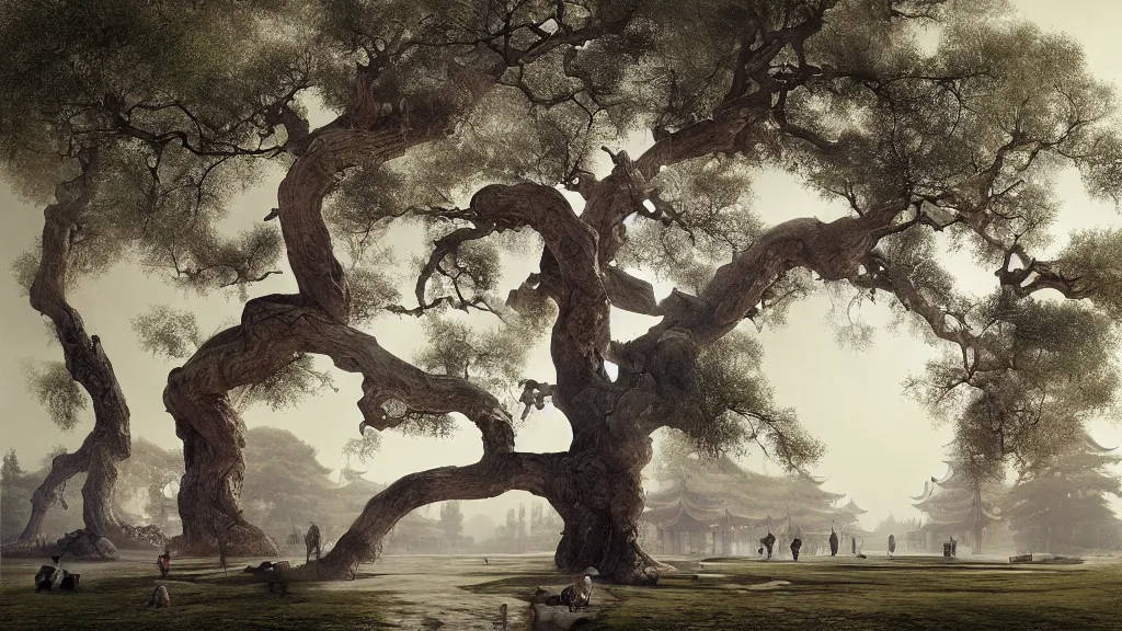 Image similar to the great elven tree growing in the forbidden city, beijing. andreas achenbach, artgerm, mikko lagerstedt, zack snyder, tokujin yoshioka