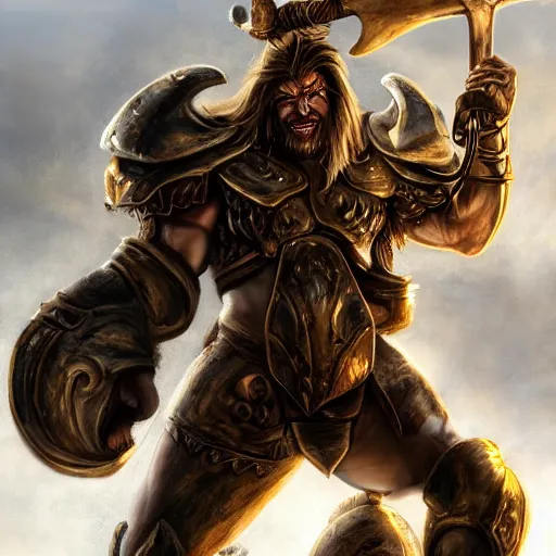 Image similar to Giant minotaur humanoid beast warrior with two handed axe, heavy white and golden armor, impressive horns, long mane, full body, muscular, dungeons and dragons, hyperrealism, high details, digital painting, dark fantasy