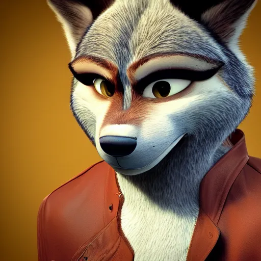 Prompt: portrait, 3d render , anthropomorphic wolf male , wearing along brown leather jacket , in the style of Zootopia