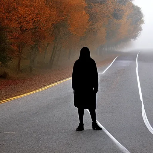 Image similar to mist, there\'s a shadowy figure on the road