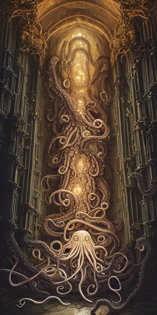 Image similar to group of mankind species mages with big octopus heads and a lot of small translucent jellyfishes floating around inside an ancient mage castle hall colossal scale, gothic and baroque, brutalist architecture, ultradetailed, Intricate by Ellen Jewett and Josan Gonzalez and Giuseppe Arcimboldo