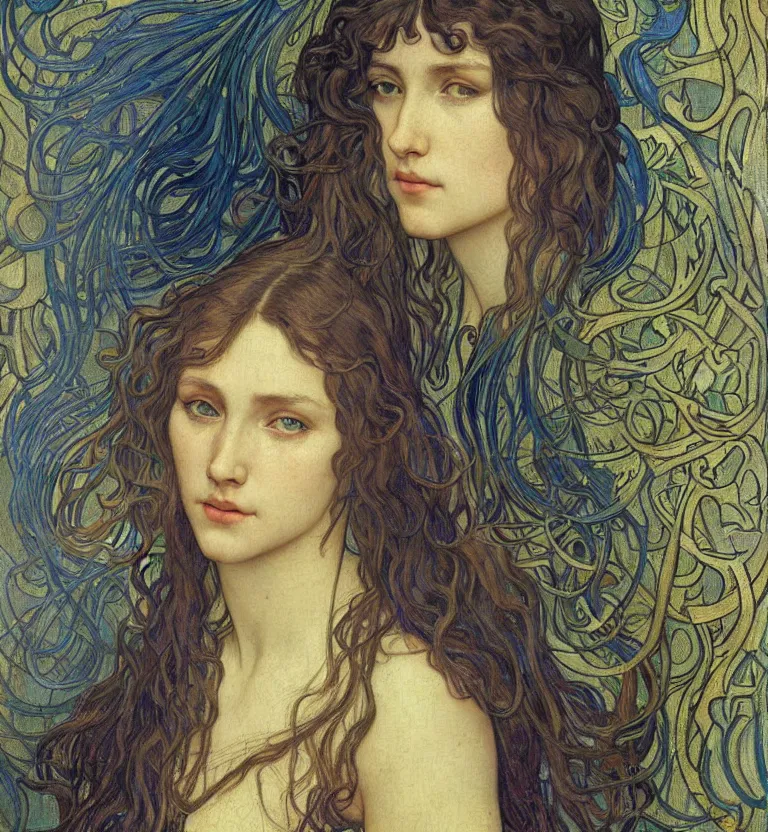 Image similar to detailed realistic beautiful young medieval queen face portrait by jean delville, alphonse mucha, vincent van gogh, and marco mazzoni, art nouveau, symbolist, visionary, gothic, pre - raphaelite