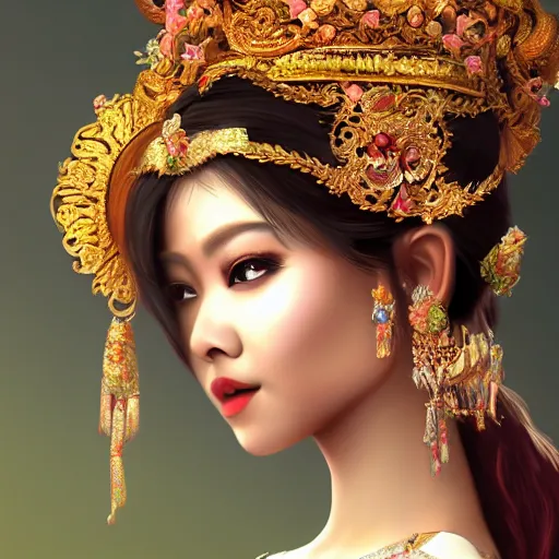 Image similar to beautiful bali princess by kittichai rueangchaichan, floralpunk, Artstation, intricate details, photo realistic, dramatic