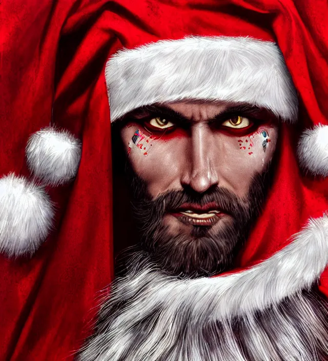 Prompt: portrait of a santa wearing a traditional red cloth, close up, technological style, cyperpunk, cyborg cloak armour made microchips, black cape, warrior, colorful, gothic baroque, athletic stance, human face, intricate, highly detailed, digital painting, artstation, concept art, sharp focus, cinematic lighting, illustration,