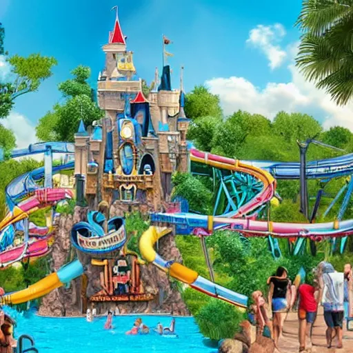 Prompt: a Disney themed waterpark, cinematic