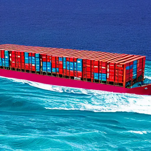 Image similar to professional high quality hyperrealistic movie still of a container vessel in the year [ 3 0 0 0 ] in the ocean with choppy by turquoise water. the ship slightly lists. science fiction genre. imax | 7 0 mm. canon eos 7 d | 1 8 0 mm f 3. 5 1 / 1 6 0 0 iso 2 0 0