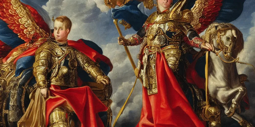 Image similar to painting of prince william, duke of cambridge wearing knight's armor with heavenly angels surrounding him