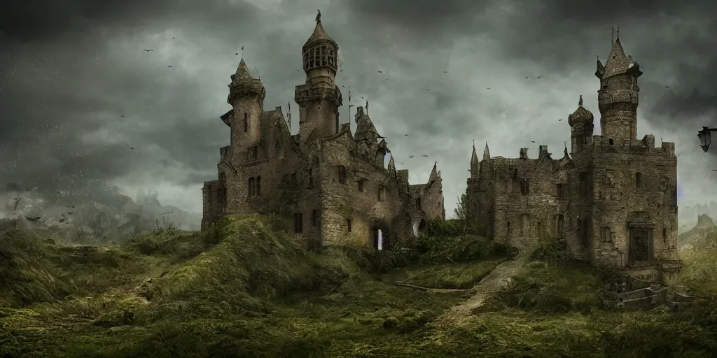 Prompt: matte painting, castle, dramatic landscape, overgrown, cinematic, overcast, lantern light