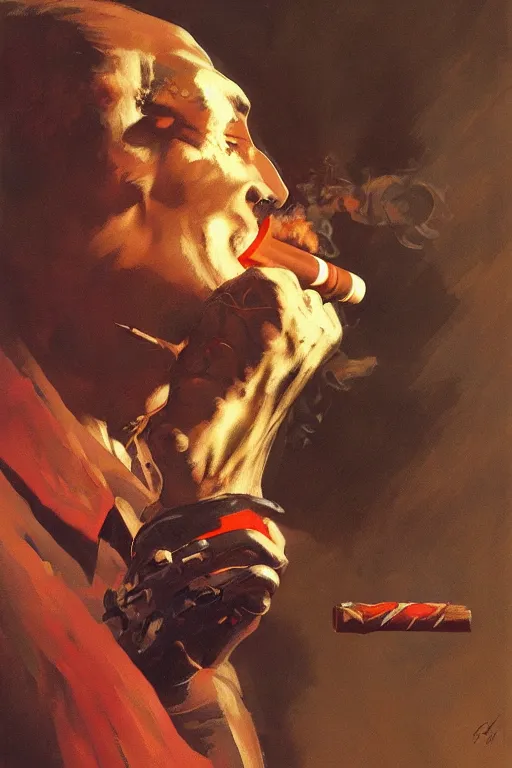 Prompt: An android smoking a cigar, by Frank Frazetta, cyberpunk, Trending on Artstation, highly detailed,
