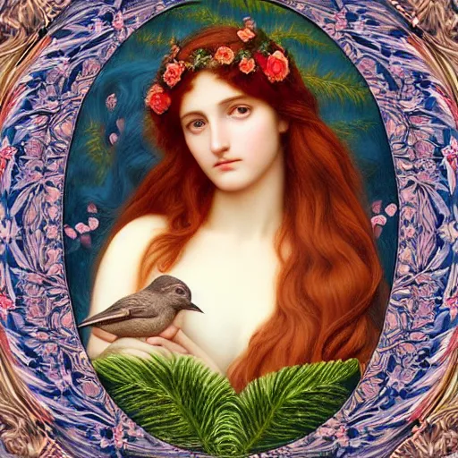 Image similar to Beautiful Pre-Raphaelite goddess of nature holding a little bird, in the style of John William Godward and Anna Dittman, close-up portrait, porcelain skin, head in focus, sacred mandala halo, flowers and plants, etheric, moody, intricate, mystical,