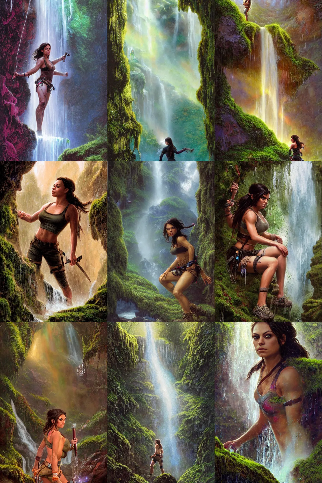 Prompt: close portrait of mila kunis as a muscled tomb raider, bright colors, sparkles, light rain, moist mossy white stones, mist from waterfall, cave glowing stones, epic composition, donato giancola, tim hildebrandt, wayne barlow, bruce pennington, larry elmore