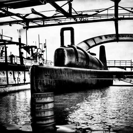 Image similar to Black and White photo of steampunk submarine at dry dock