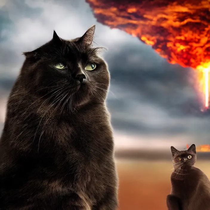 Image similar to cinematic movie close up shot, background blur bokeh, old man sitting with black cat watching nuke explosion close up!, world ending nuke, 4 k