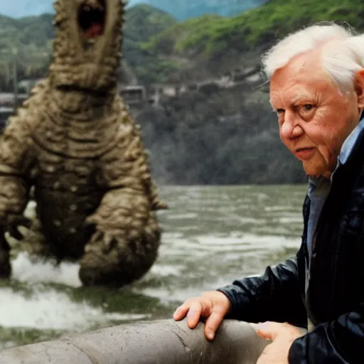 Image similar to Sir David Attenborough sees Godzilla