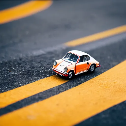 Image similar to close up photo of a small toy porsche 9 1 1 9 6 4 on a road stripe, cinematic, shallow dof, 3 5 mm, 4 k, macro