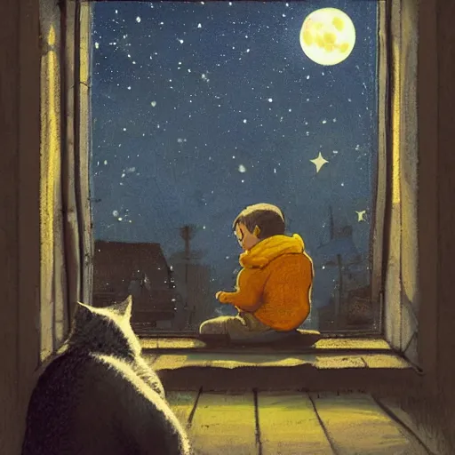 Image similar to A boy with his cat sitting in a window praying at the moon, concept art by Marc Simonetti and illustration by Maurice Sendak, Starry Night, depth of field, full moon halo, epic brushwork, painterly, cobbled streets, oil lamp posts, A boy with his cat sitting in a window praying at the moon, A boy with his cat sitting in a window praying at the moon