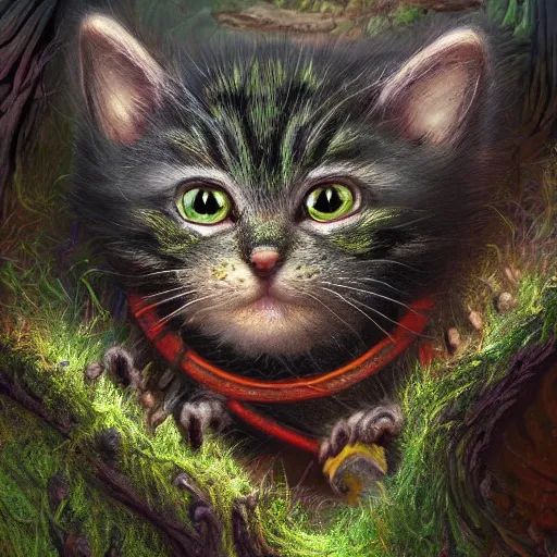 Image similar to rescue from the underworld, highly detailed, by tyler roswell, shadows of the past, chubby moss kitten, digital painting, HDRI, by jeff easley, vivid colors, high contrast, 8k resolution, intricate, photorealistic, smooth