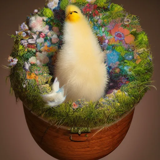 Image similar to long shot of a very fluffy beer chick nesting in a floral cup, esao andrews, by m. w. kaluta, humorous illustration, hyperrealistic, tilt shift, warm colors, night scenery, low light, 3 d octane render, 4 k, volumetric lights, smooth, cosy atmosphere, conceptart, hyperdetailed, trending on deviantart