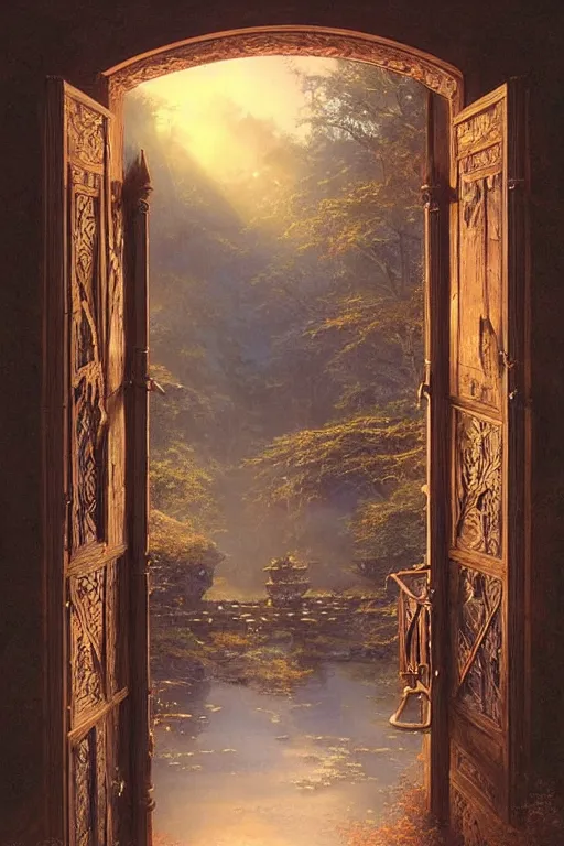 Prompt: large rustic intricately decorated wooden double door, metal handles, a view to a fantasy world, eerie back light, mist, fantasy painting by noriyoshi ohrai
