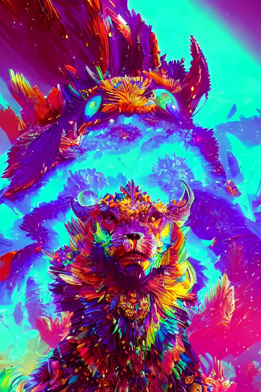 Prompt: A fancy portrait of a colourful crystalized beast by Greg Rutkowski, beeple, Sung Choi, Mitchell Mohrhauser, Maciej Kuciara, Johnson Ting, Maxim Verehin, Peter Konig, final fantasy, macro lens, 35mm, 8k photorealistic, cinematic lighting, HD, high details, dramatic, dark atmosphere, trending on artstation