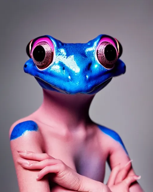 Image similar to natural light, soft focus portrait of a cyberpunk anthropomorphic poison dart frog with soft synthetic pink skin, blue bioluminescent plastics, smooth shiny metal, elaborate ornate head piece, piercings, skin textures, by annie leibovitz, paul lehr
