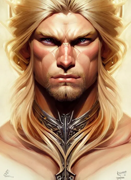 Image similar to symmetry! portrait of barbarian, blond hair, d & d, muscular!! fantasy, intricate, elegant, highly detailed, digital painting, artstation, concept art, smooth, sharp focus, illustration, art by artgerm and greg rutkowski and alphonse mucha