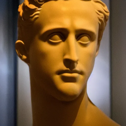 Image similar to ryan gosling as roman statue, dramatic light, reflective, clear, museum exposition