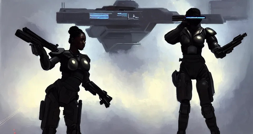 Prompt: a photorealistic painting of an attractive young ebony girl, clothed in stealth-battle armor with a giant sci-fi sniperrifle in her hands, a futuristic hover-tank with heavy laser-turret on the right, intricate details, elegant, digital painting, illustration, sharp focus, minimal artifacts, from Metal Gear, in the style of Ruan Jia and Mandy Jurgens and Greg Rutkowski, trending on Artstation, award winning, unreal engine, octane render