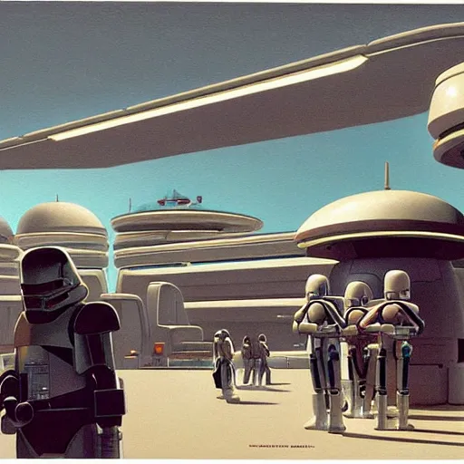 Prompt: ralph mcquarrie concept art of a futuristic mcdonalds. a space station is seen off in the distance with various droids and people walking in the foreground.