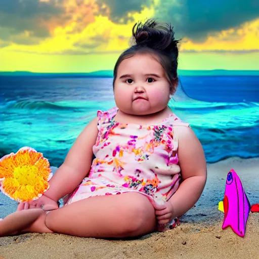 Image similar to spectacular scene of a little fat sweet girl with flowery dress, sitting on the sand, with a colorful fish, by the stormy lake. clear beautiful fat face. morning time. an amazingly beautiful scene. beautiful lighting, 4 k post - processing, trending in art station, cg society, highly detailed, 5 k extremely detailed, 3 d. stylize scene.