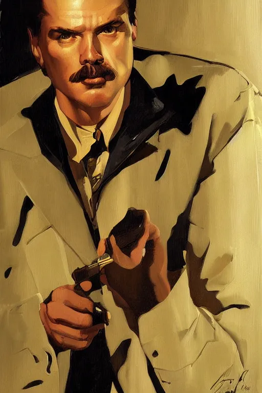 Image similar to vince gilligan painting by jc leyendecker!! phil hale!, angular, brush strokes, painterly, vintage, crisp