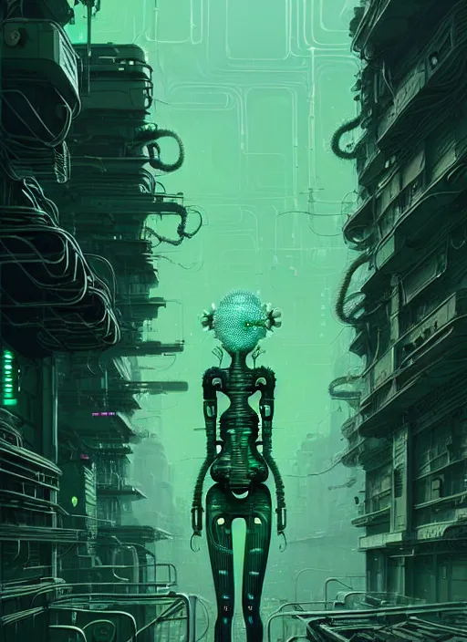 Image similar to highly detailed portrait of a biopunk long curly white hair tribal lady, stray wiring by atey ghailan, james gilleard, by joe fenton, by greg rutkowski, by greg tocchini, by kaethe butcher, 4 k resolution, gradient green, black and white color scheme!!! ( ( green caustic robotic dystopian city background ) )