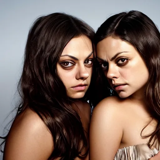 Image similar to Selfie photograph of Mila Kunis and Mila Kunis, light makeup, golden hour, 8k, photographed by Erwin olaf