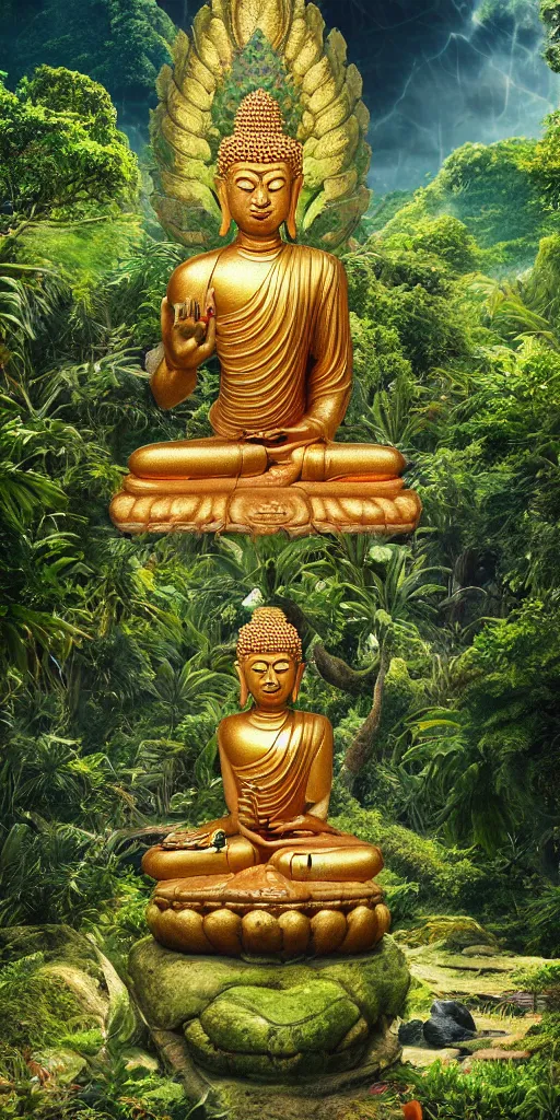 Prompt: a dreamy avoloketishvara buddha of compassion meditating in a lush jurassic landscape, 4 k, hyper realistic, in he style of national geographic, coherent design, symmetrical, vivid colour, complementary colour, golden ratio, detailed, sharp lines, intricate, rainbow shift, in unreal 3 d engine, ray tracing, octane render