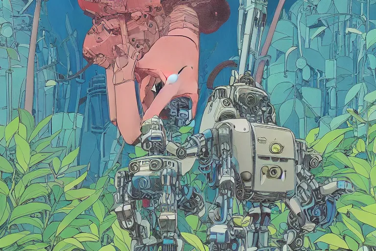 Prompt: most blues, gigantic girl head, a lot of exotic vegetation, trees, tremendous mecha robot, flowers, oldschool vintage sci - fi flat surreal design, super - detailed, 2 d gouache painting by moebius and satoshi kon, hd, 4 k, high quality