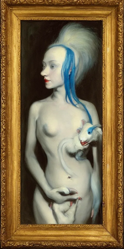 Image similar to “ a portrait of a blue haired girl holding an albino rat, very detailed, oil painting, madame x, dark background, by of john singer sargent ”