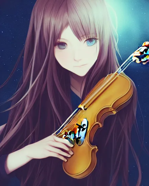 Prompt: teen, cute, melancholy, full body, a female with white skin and golden long wavy hair holding a violin and playing a song, stunning art style, filters applied, lunar time, night sky, trending art, sharp focus, centered, landscape shot, fate zero, simple background, studio ghibly makoto shinkai yuji yamaguchi, by wlop