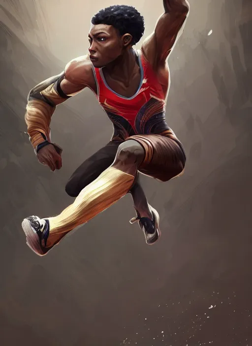 Image similar to a highly detailed illustration of attractive young african guy with short hair wearing track and field suit, heroic jumping pose, by greg rutowski, intricate, elegant, highly detailed, centered, digital painting, artstation, concept art, smooth, sharp focus, league of legends concept art, wlop