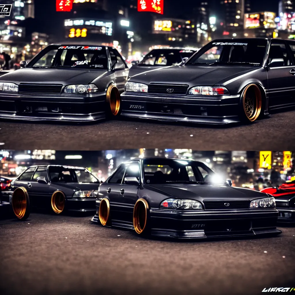 Image similar to a car JZX100 twin turbo drift at illegal car meet, Shibuya prefecture, city midnight mist lights, cinematic lighting, photorealistic, detailed alloy wheels, highly detailed