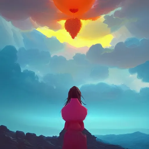 Image similar to giant cherry flower as a head, girl walking in a canyon, surreal photography, sunrise, dramatic light, impressionist painting, colorful clouds, digital painting, artstation, simon stalenhag