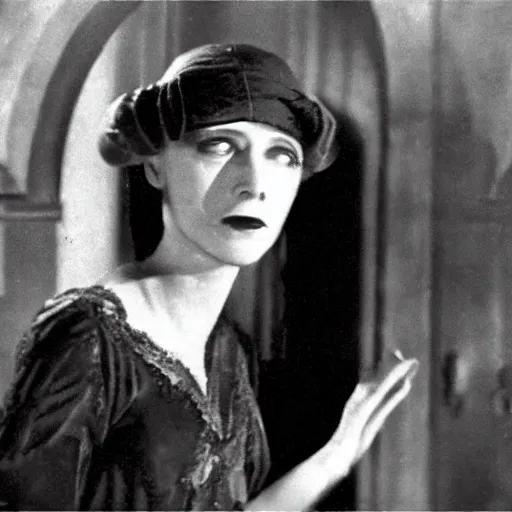 Prompt: still from old 20\'s movie Matrix (1922) actress playing Trinity