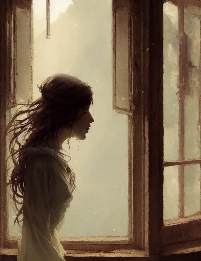 Image similar to the girl at the window, her loose hair, omar ortiz, karl spitzweg, ismail inceoglu, dragan bibin, hans toma, greg rutkowski, wayne forrest, krzysztof lukashevich, perfect face, fine details, centered, rule of thirds, photorealistic shading