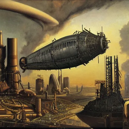 Image similar to A scene from a steampunk world, with a dirigible in the background and a Zeppelin in the foreground, oil painting, matte, black background, by J.C. Leyendecker and H.R. Giger