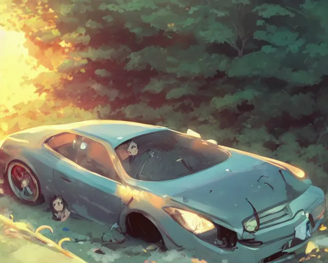 Image similar to a brunnete girl with blue eyes and puffy cheeks lying in a car accident, long shot from the top, anime art, Greg Rutkowski, studio ghibli, dramatic lighting