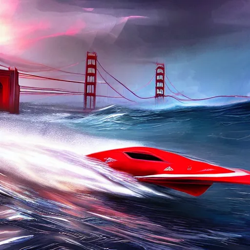 Prompt: concpet art featuring a futuristic red racing speedboat designed in the style of ferrari racing under the golden gate bridge. fine detail. surf. this 4 k hd image is trending on artstation, featured on behance, well - rendered, extra crisp, features intricate detail, epic composition and the style of unreal engine.