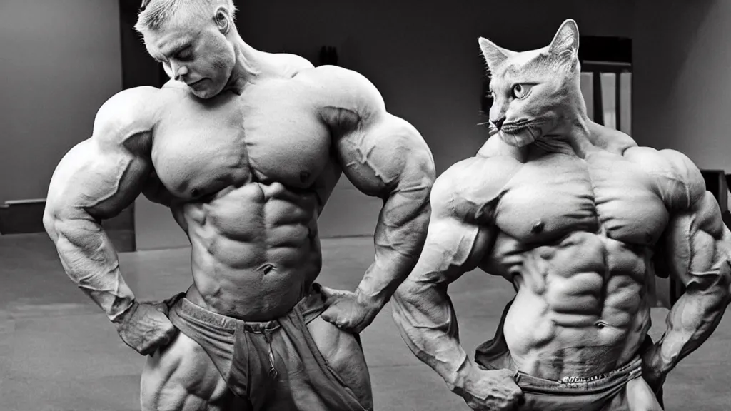 Prompt: a bodybuilder cat standing in a side chest position. realistic.