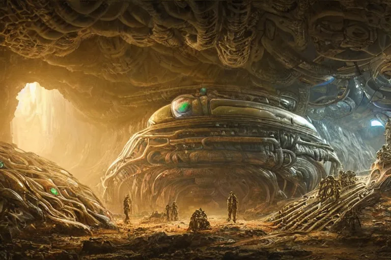 Image similar to Epic science fiction cavescape. In the foreground is soldiers in battle-armor searching, in the background alien machinery and alien eggs. An abandoned alien spaceship is between them. Stunning lighting, sharp focus, extremely detailed intricate painting inspired by H.R. Giger and Simon Stalenhag