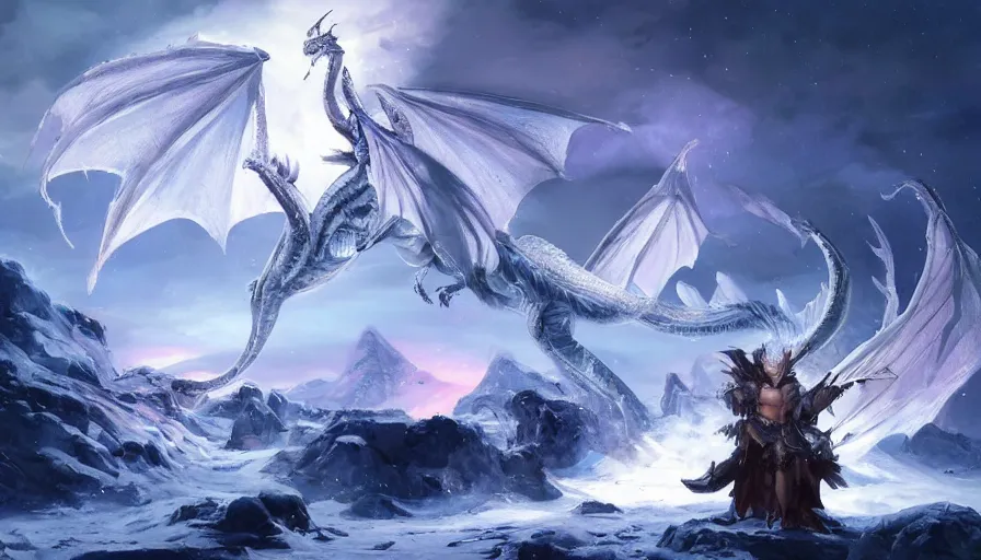 Image similar to epic ice dragon with trendy shapes in a nordic landscape under aurora and stars, set in the words of the Forgotten Realms and Guildwars2, painted by Hans Fredrik Gude, Greg Rutkowksi and Artgerm, concept art 2022, ultra realistic masterpiece