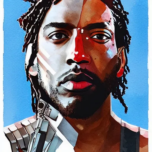 Image similar to portrait of kawhi leonard as half terminator with a robot eye in a scenic environment by conrad roset, watercolors, cybernetically enhanced, hyperdetailed, cyberpunk, cool, trending on artstation